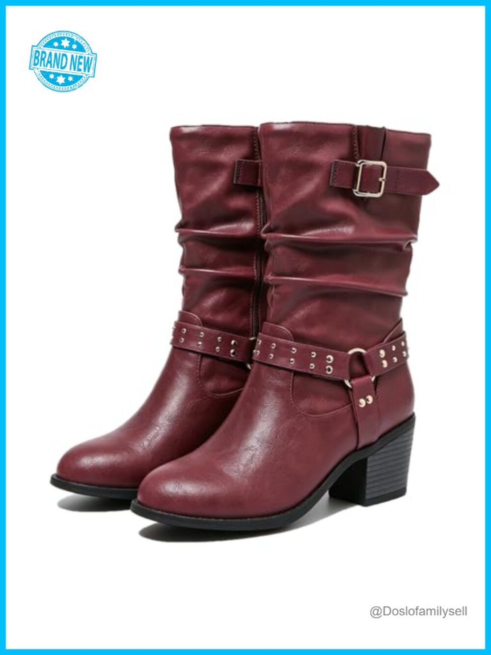 BEAUPAS Women's Mid-Calf Slouch Moto Boots Faux Leather Block Heel